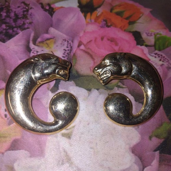 ❤️Stunning!  14K GOLD Panthere Panther Pierced with Omega Clip Earrings - Picture 5 of 8